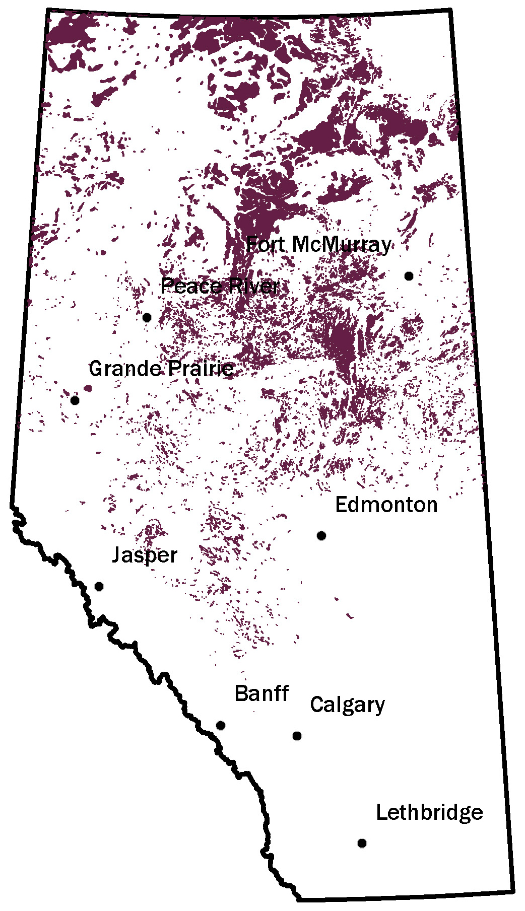 Map of Alberta showing where peat may be found in central and northern Alberta