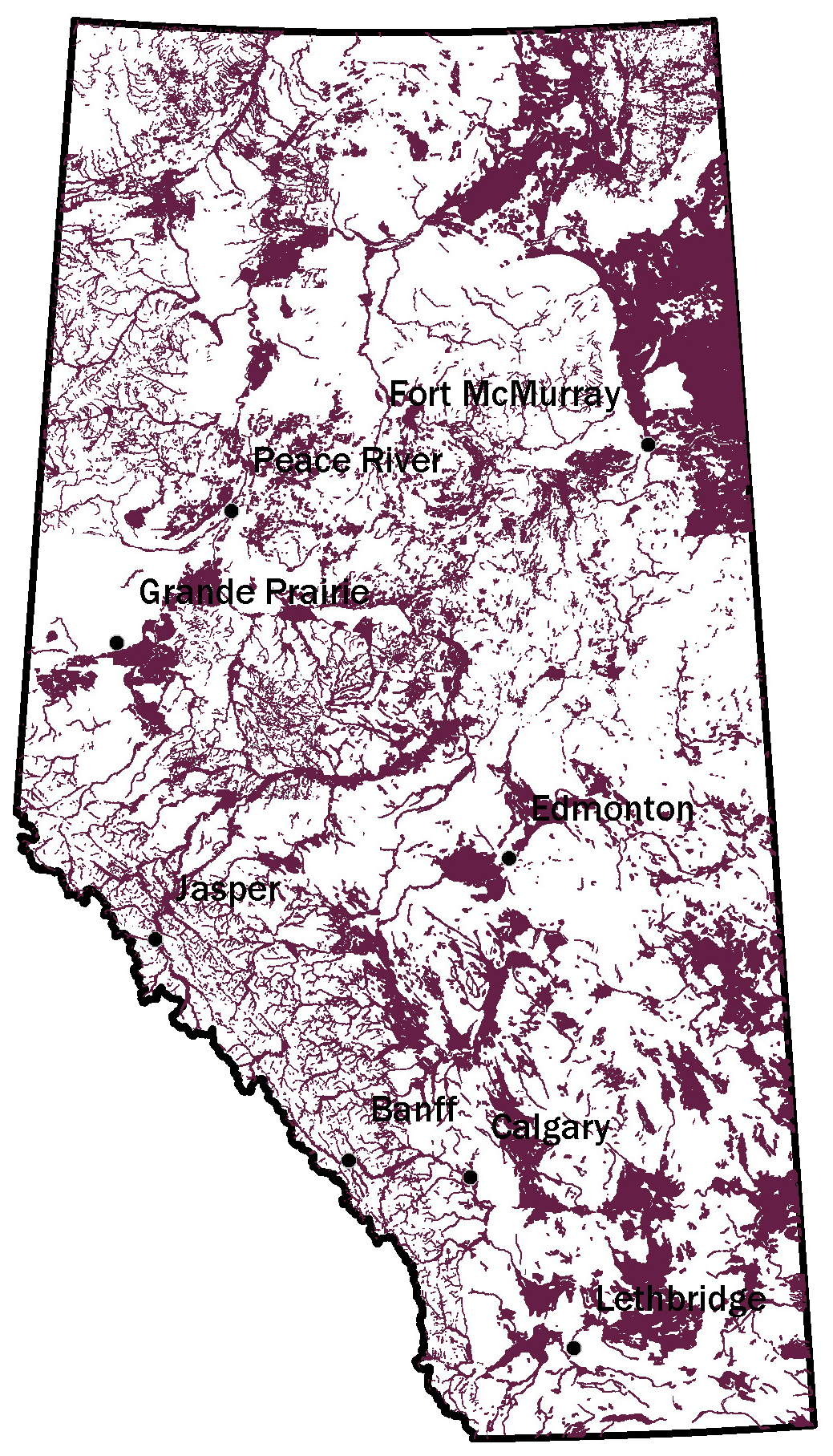 Map of Alberta showing where sand and gravel may be found throughout much of the province