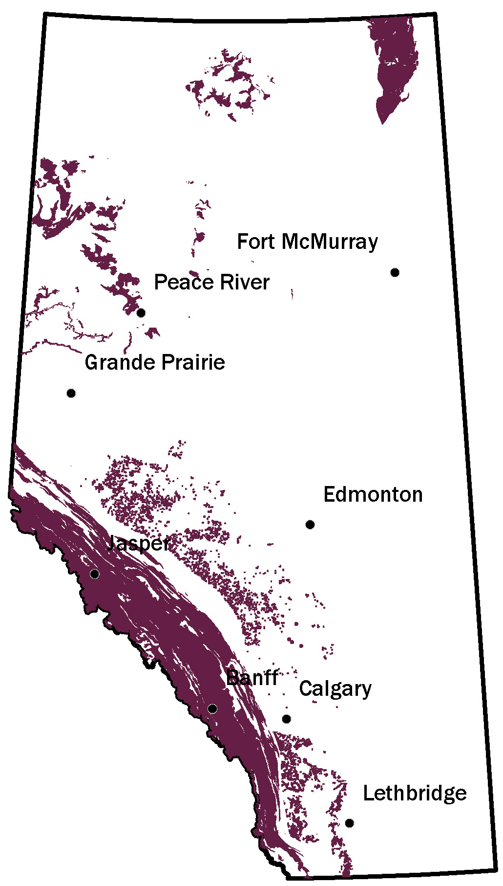 Map of Alberta showing where stone may be found throughout the province