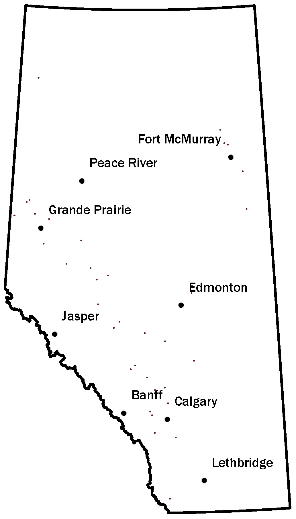 Map of Alberta showing where sulfur may be found in oil and gas pools throughout Alberta