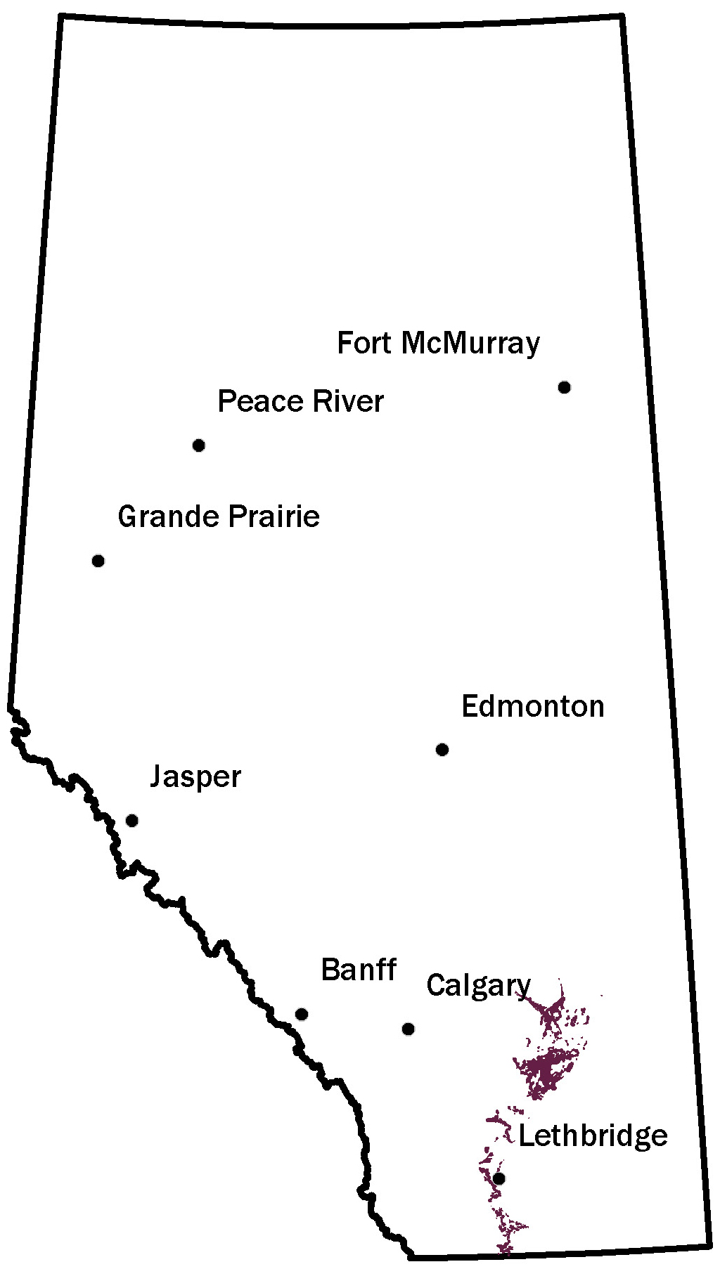 Map of Alberta showing where ammolite may be found in southeastern part of the province