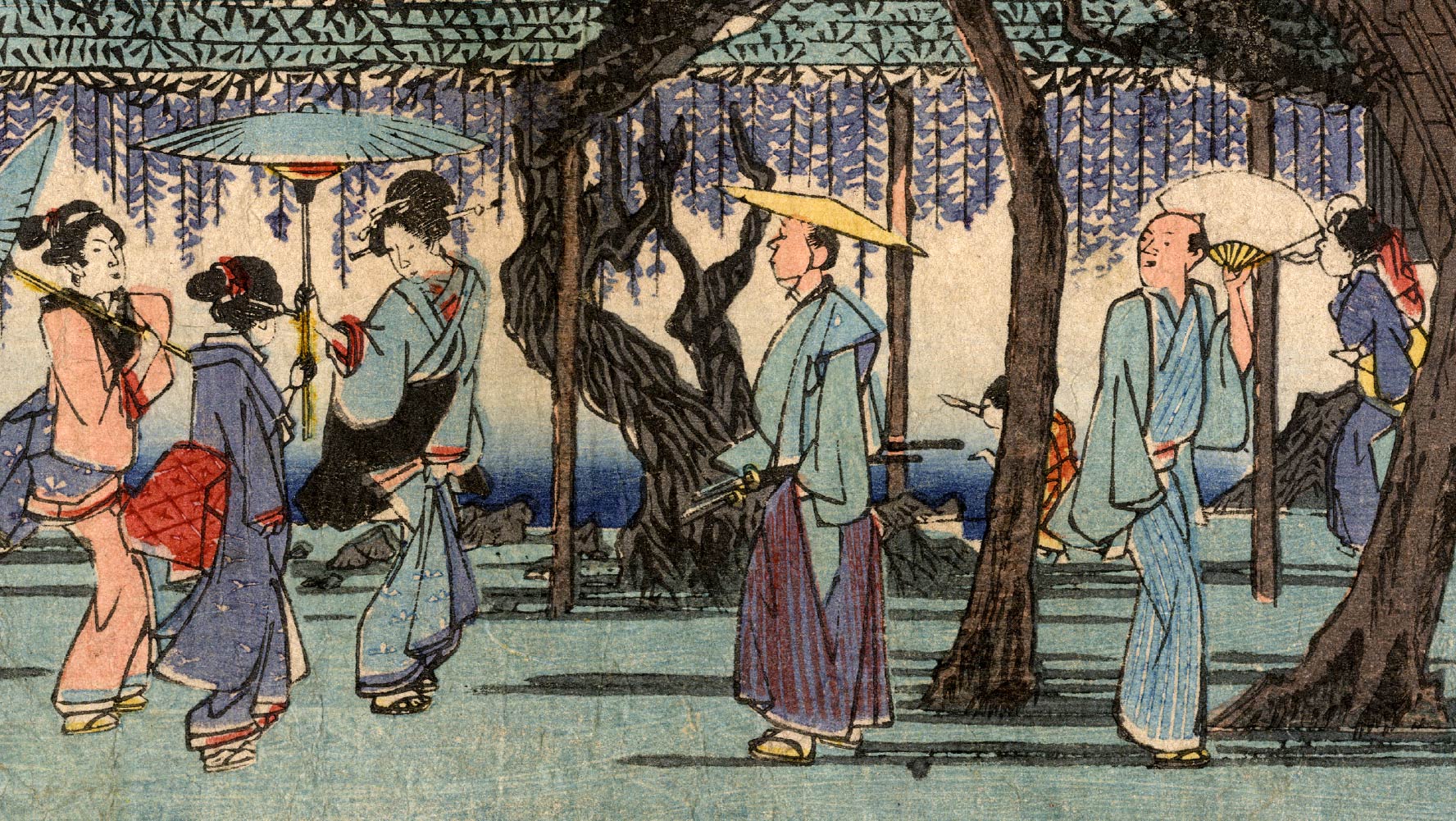 Japanese painting of people walking along a forest street by Hiroshige