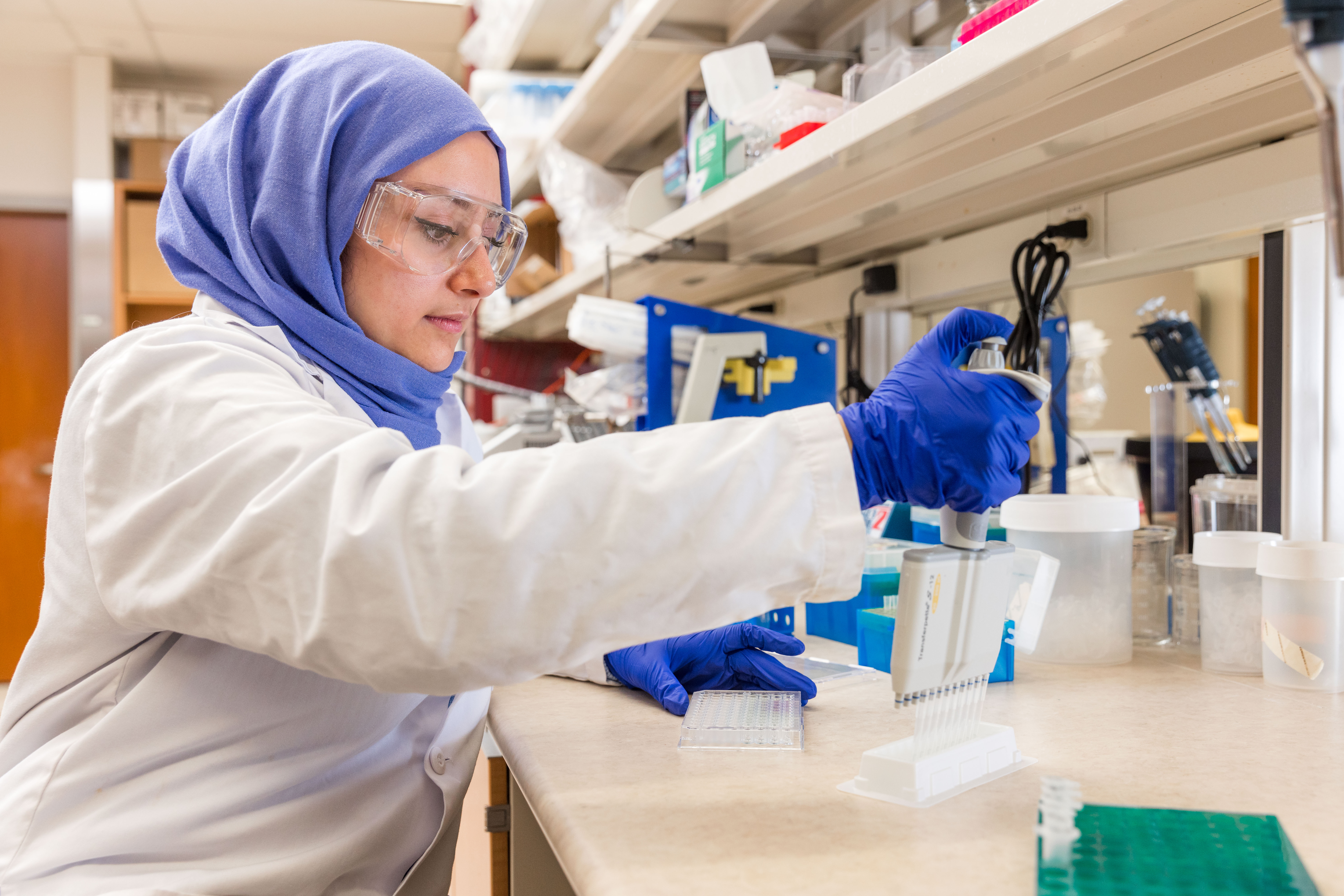 Researcher seated at laboratory bench