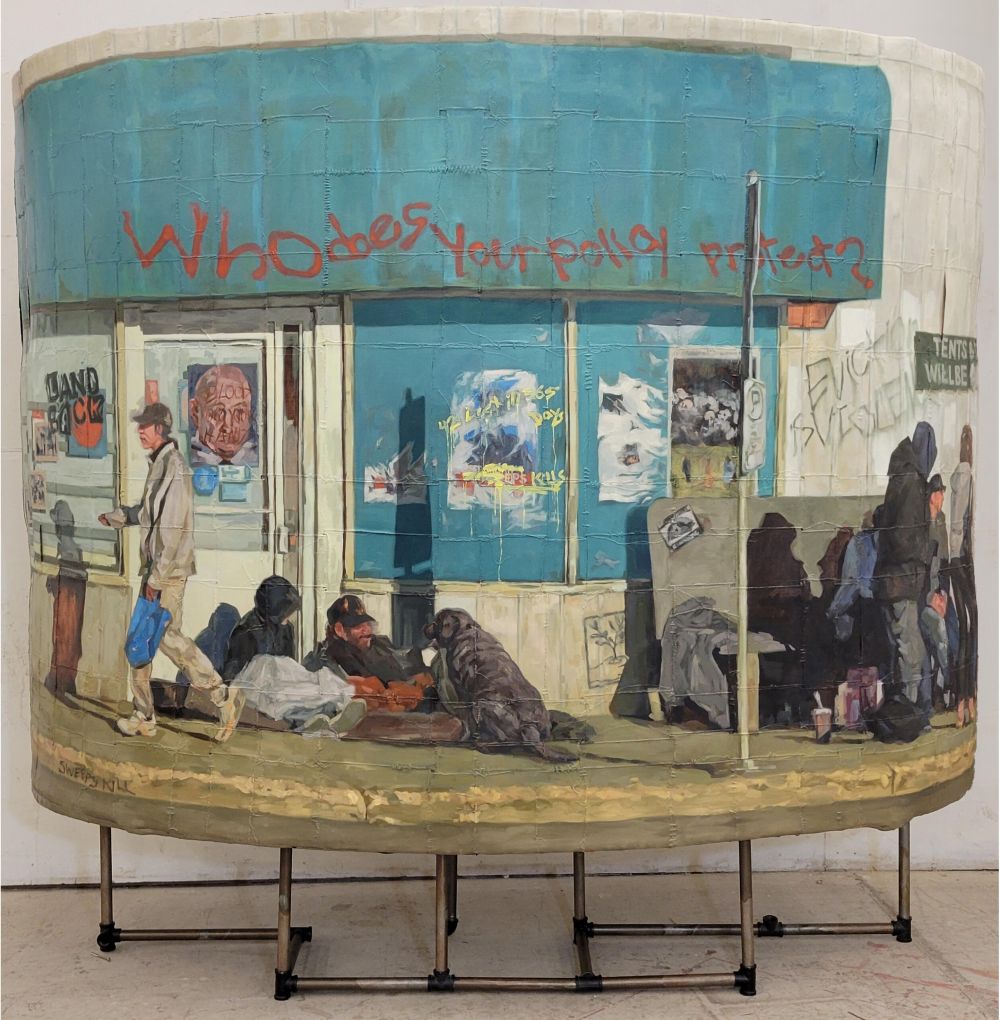 The painting "A Safe Neighborhood for Your Neighbors" by Daniel Lee Whyte, which depicts unhoused people sitting next to a wall with graffiti saying "Who Does Your Policy Protect?"