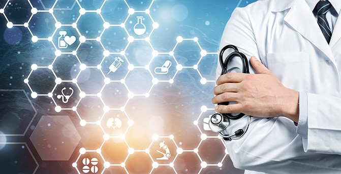 Graphic of chemical elements with a medical practitioner holding a stethoscope overlaid.