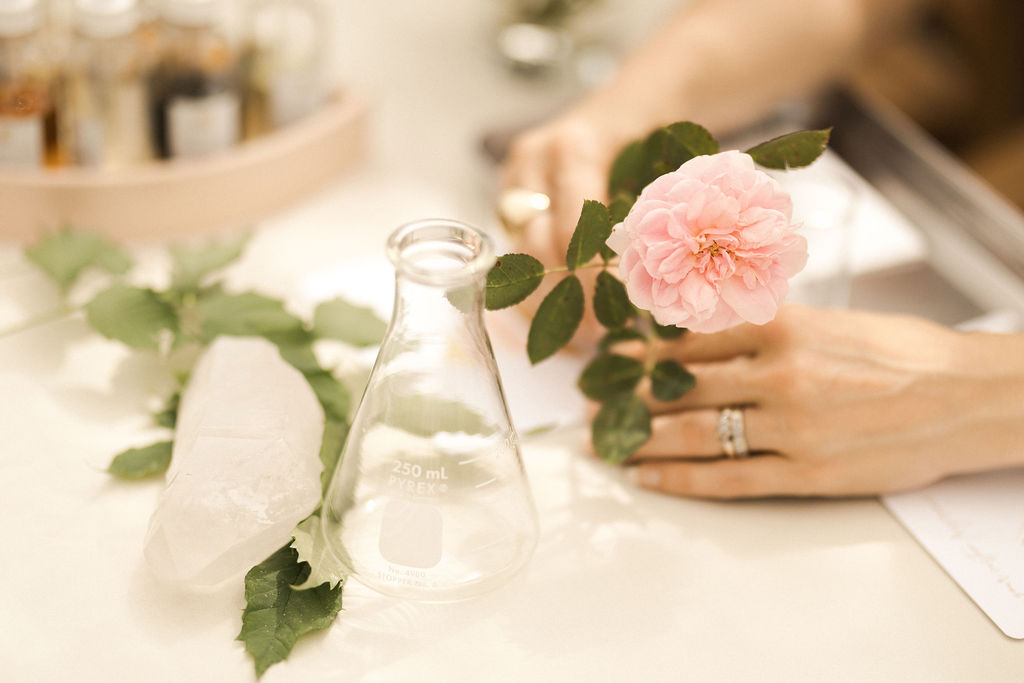 pink rose and perfumery supplies on table with hand