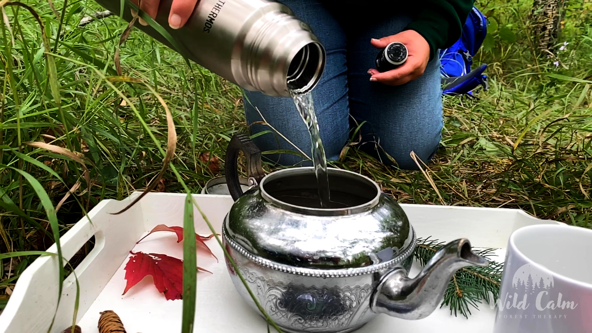 Pouring tea into a silver teapot on the forest floor