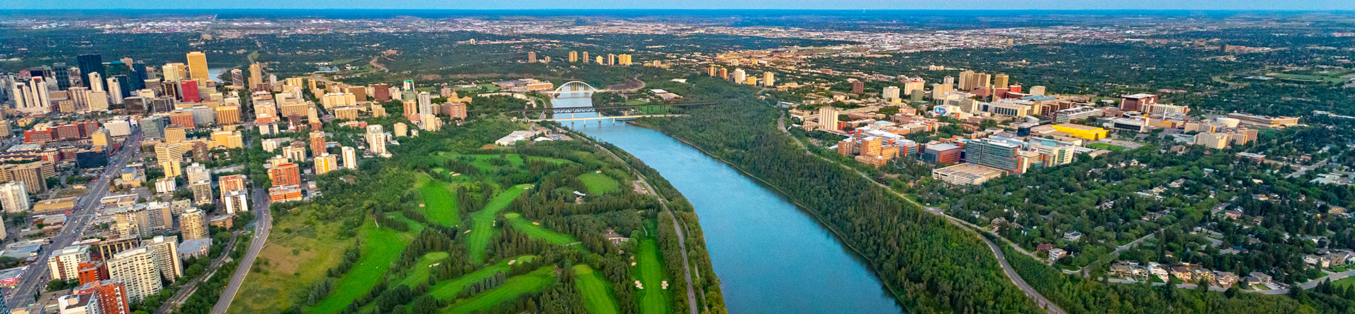 Aerial of North Campus and downtown with the River Valley in between.