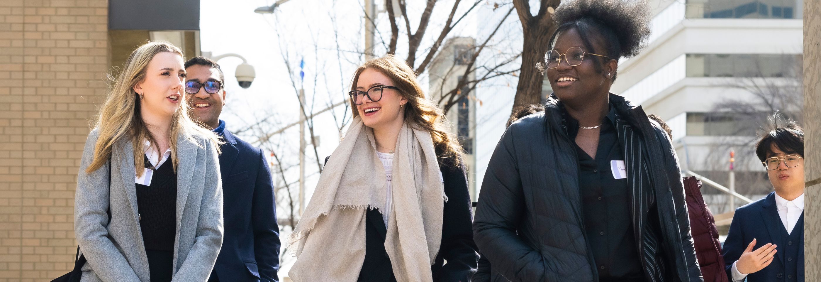 A group of students are walking in downtown Edmonton 