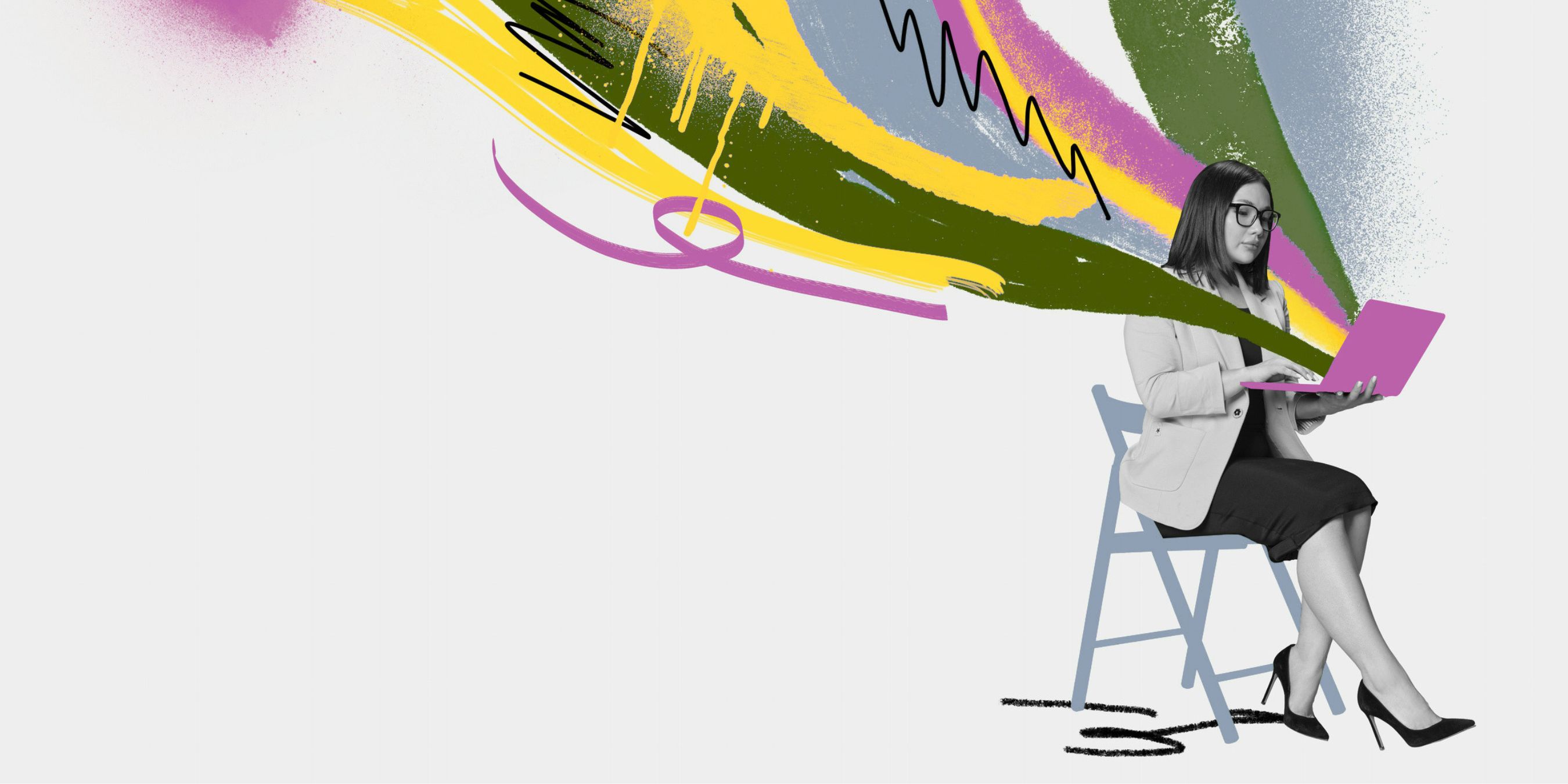 Conceptual illustration of a researcher using a laptop as vibrant, abstract brushstrokes and hand-drawn lines flow overhead, symbolizing the intersection of creativity, artificial intelligence and human insight
