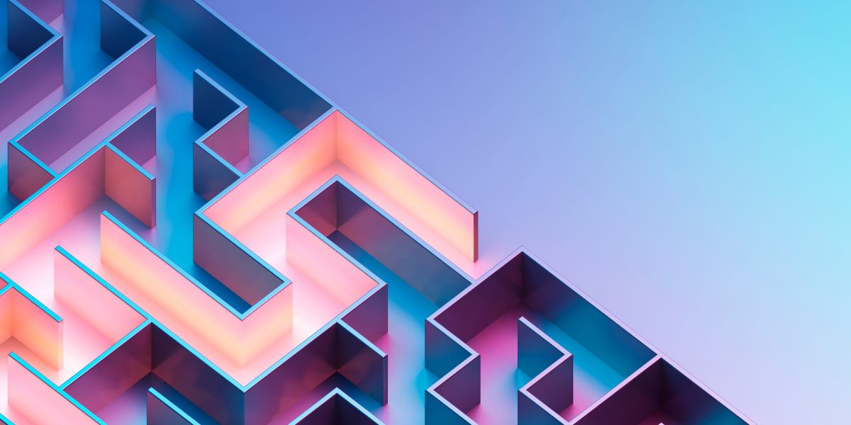 Abstract geometric maze in shades of pink and blue, representing complex institutional systems.