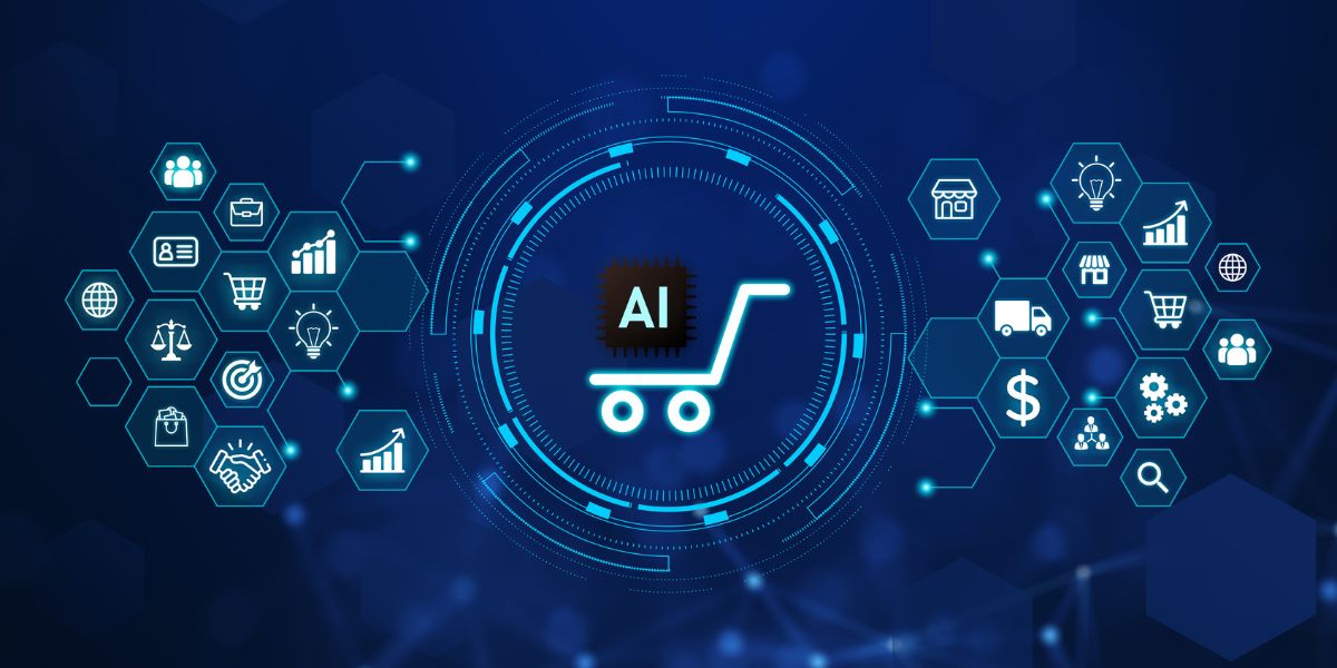 A digital graphic showing a glowing shopping cart icon with an “AI” microchip symbol inside it at the center of a circular tech interface. Surrounding the cart are multiple hexagon icons representing business and commerce concepts, such as analytics, shopping, delivery, customer engagement, finance, and innovation, all connected by blue lines on a dark futuristic background.