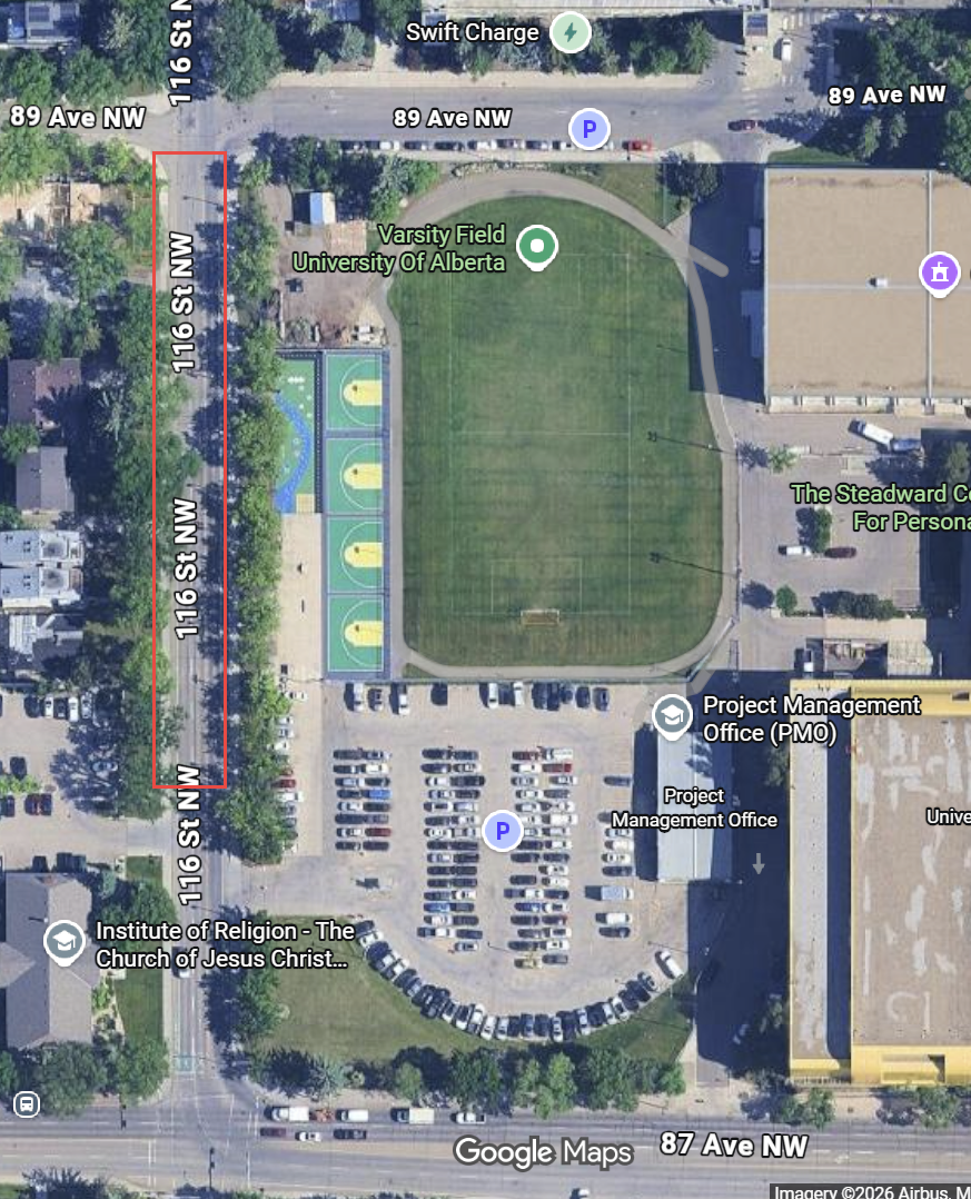 A map of 116 Street near North Campus showing the EPCOR construction area.