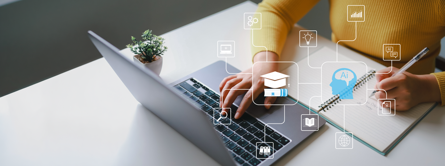 Woman using laptop for learning using artificial intelligence.
