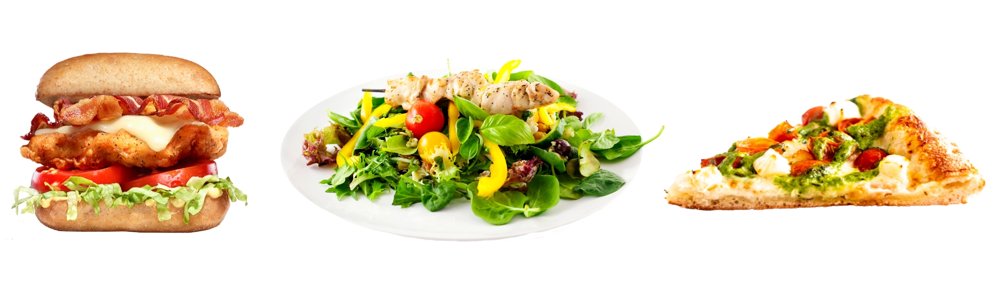 Burger, salad and pizza on a white background