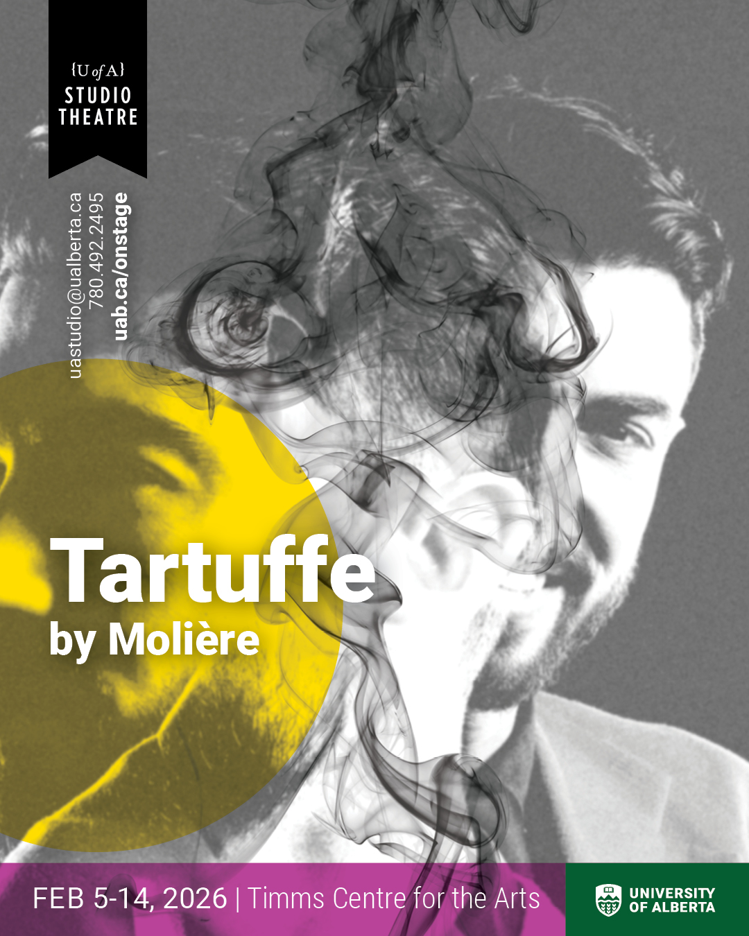 Abstract greyscale image a woman in Victorian clothing standing on a moor with overlayed smoke and yellow highlighting
