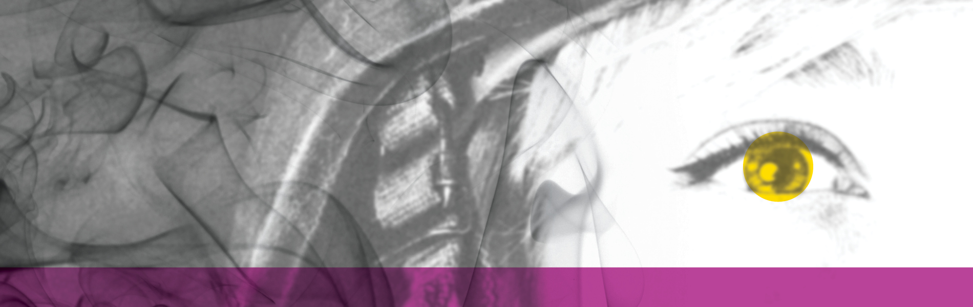Abstract greyscale image of a young woman wearing a combat helmet, with overlayed smoke and yellow highlighting on their eye and a magenta bar across the bottom of the image