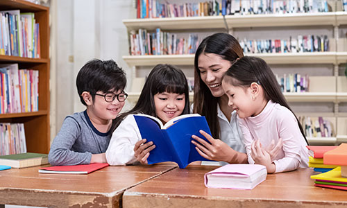 Teacher and students reading together