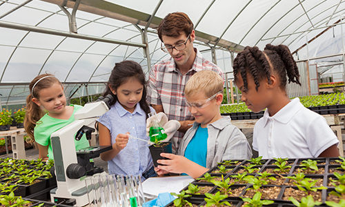 Science teacher working with students in greenhouse