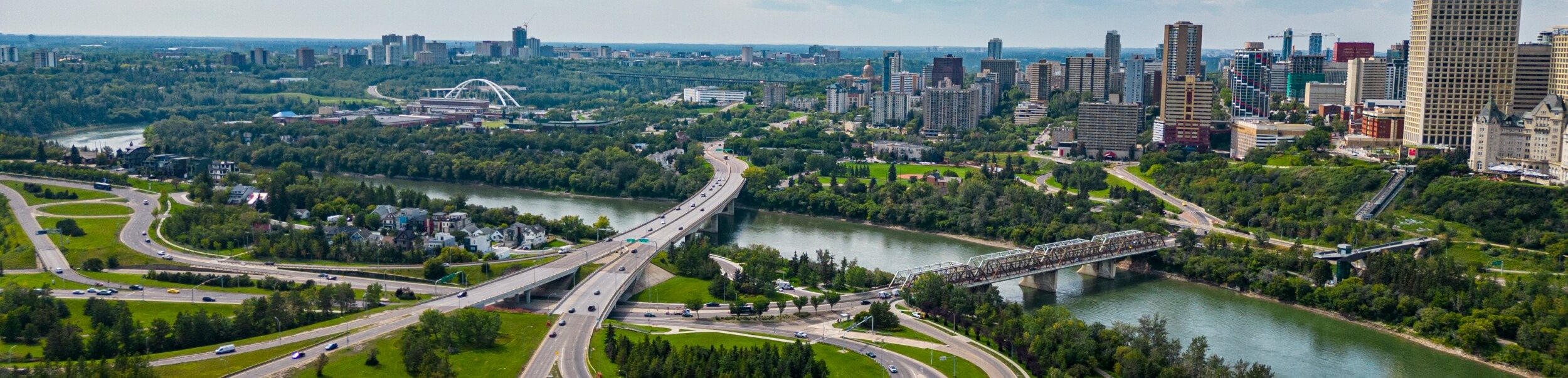 Aerial view of Edmonton skyline and North Saskatchewan River in summer 