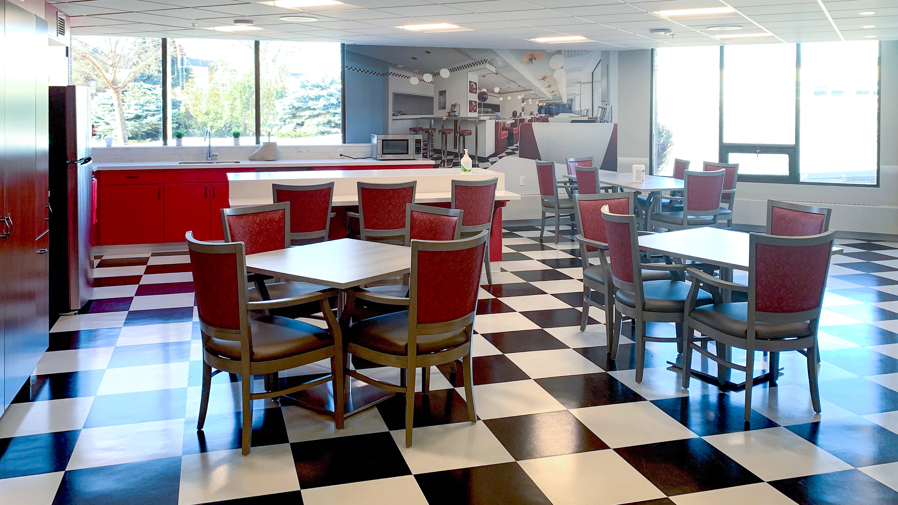 A diner-style cafe in the Canterbury Lane residence, designed to evoke a familiar setting for residents