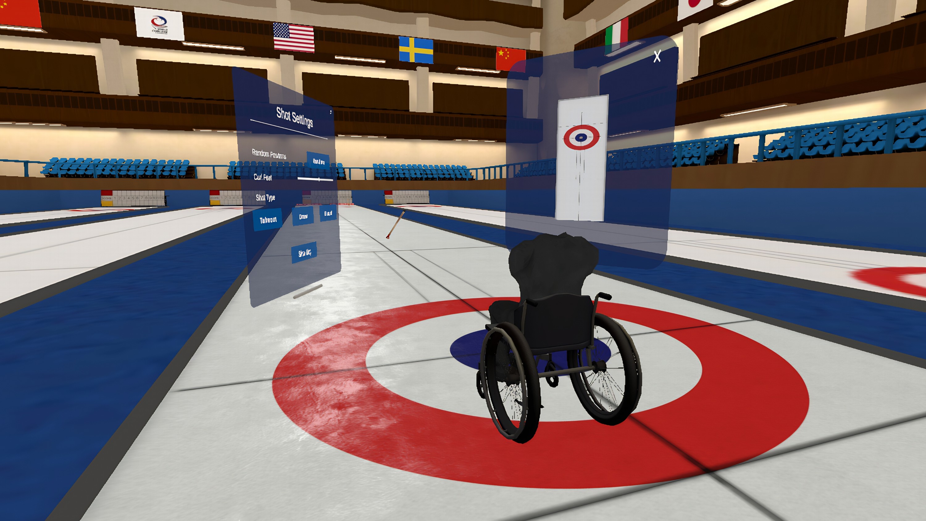 An image of the VR wheelchair curling simulation showing how the ice sheet looks to the player