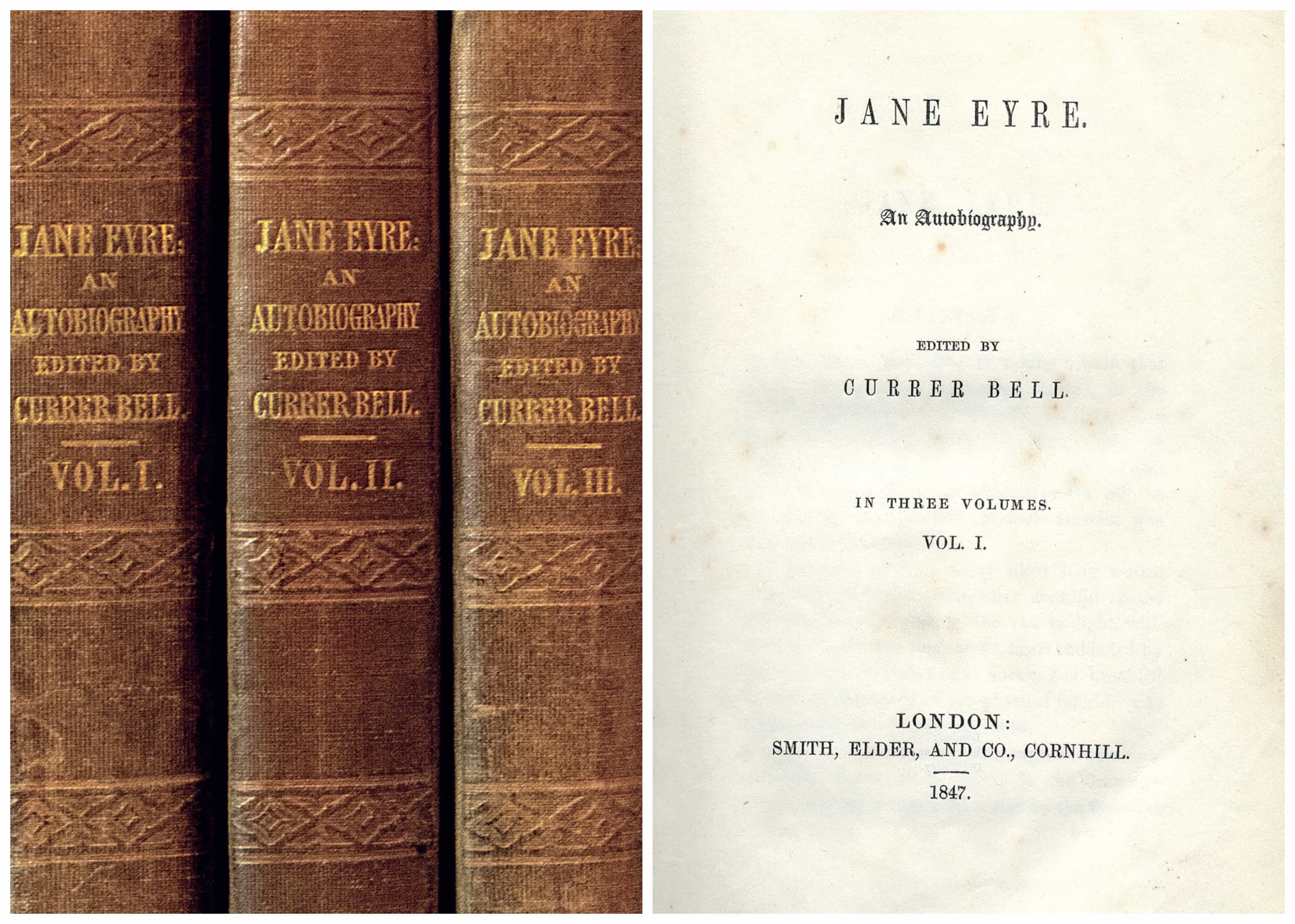 (left) Spines of three of the same edition of the novel Jane Eyre