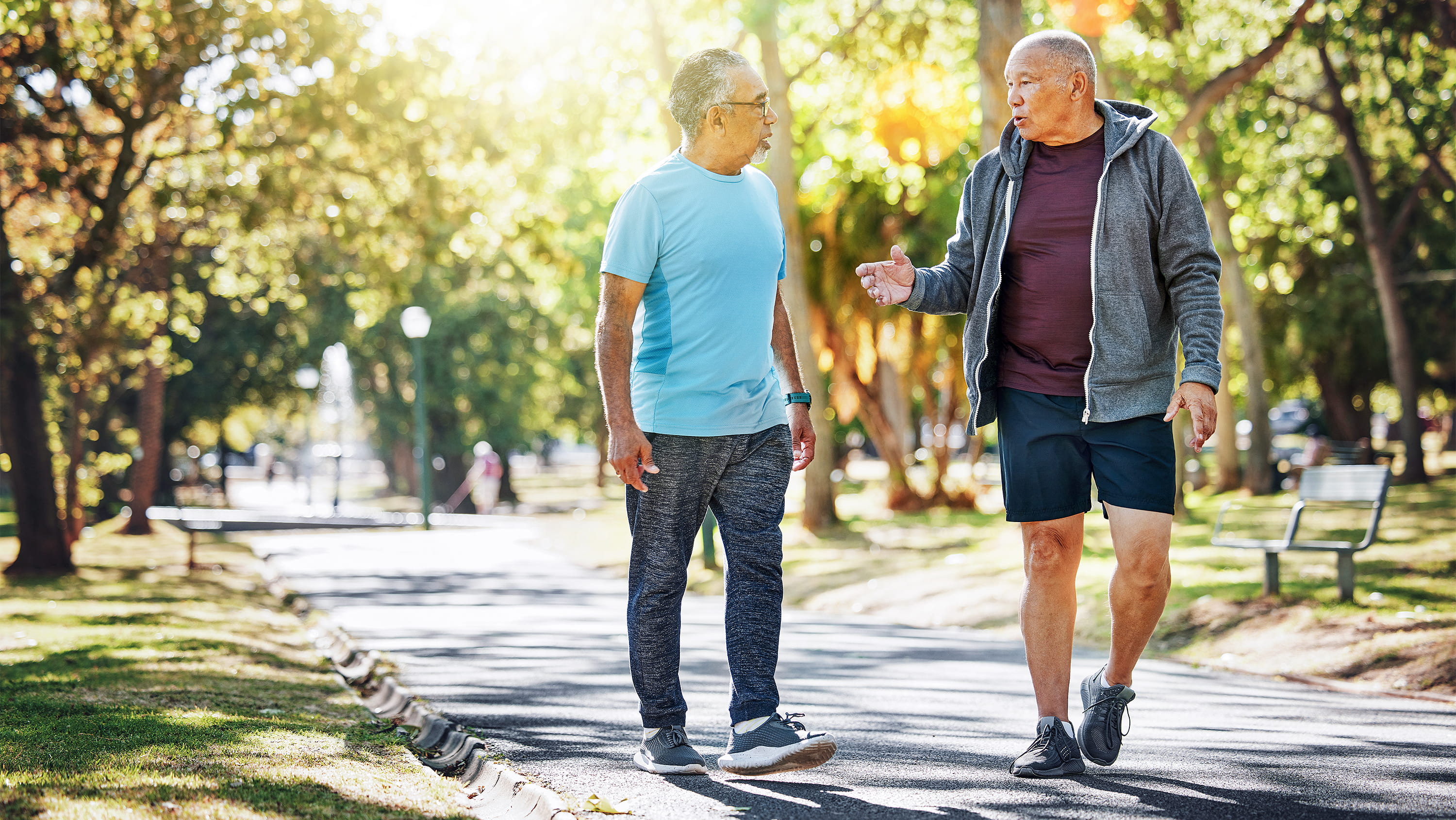 Two older men in athletic attire converse while walking together along a paved path in a sunny, tree-lined park.