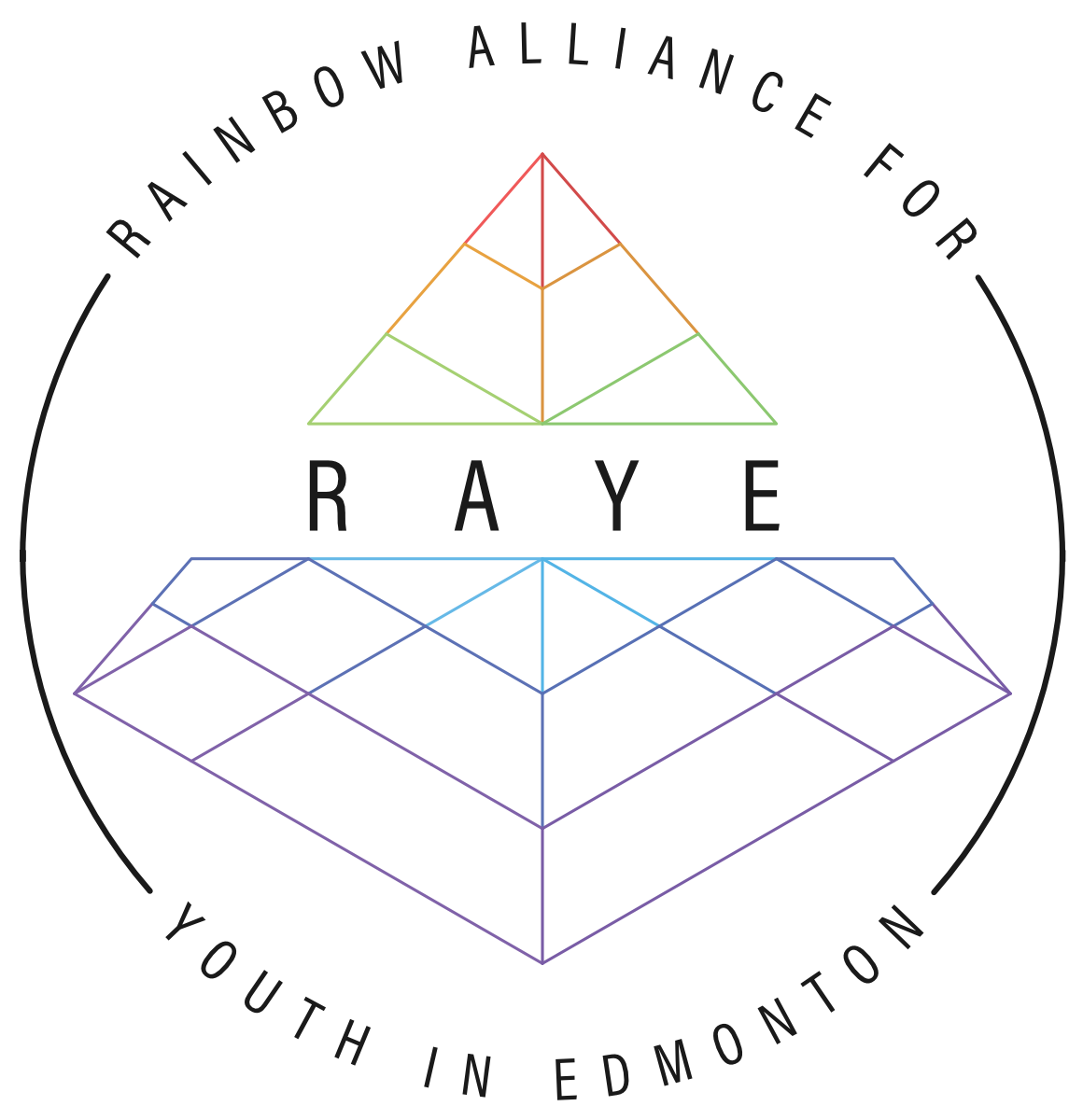 Rainbow Alliance for Youth in Edmonton circle logo with rainbow pyramid in the middle and the capitalized letters R A Y E