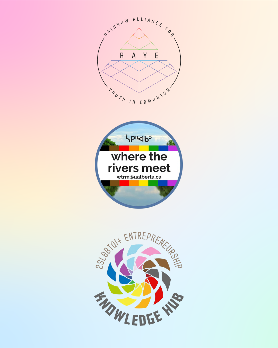 RAYE, WTRM and REKH logos against a pastel gradient background of pink, yellow, green, and blue