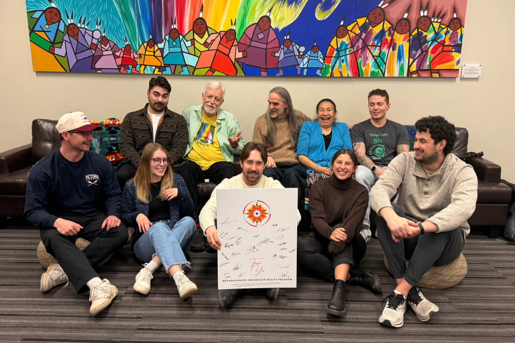 Guy Milner and Roger Helfrick at the Wâpanachakos Indigenous Health Program’s Community Lunch Hour with Alvina Lake, Eagle Woman, Knowledge Keeper and Faculty of Medicine and Dentistry students.