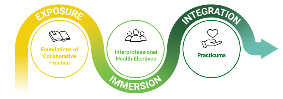 Phase 1: Exposure. Foundations of Collaborative Practice. Phase 2: Immersion. Interprofessional Health Electives. Phase 3: Integration. Practicums