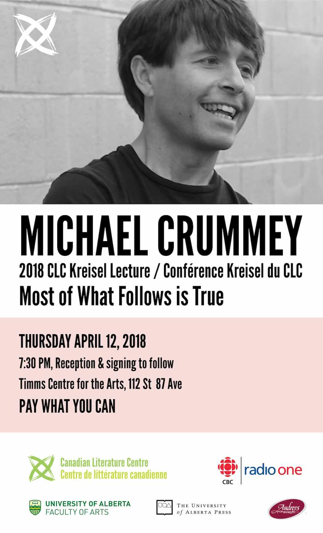Poster for 2018 Kreisel Lecture with Michael Crummey