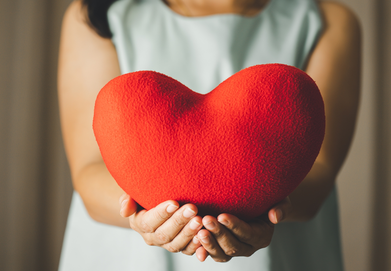 A women wearing a blue dress that is holding a heart shape plush