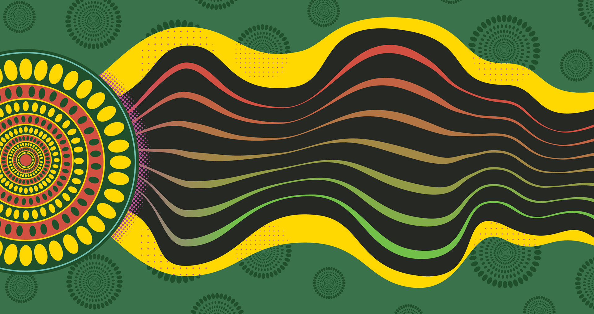 Patterned beaded artwork in a digital style over a green background.