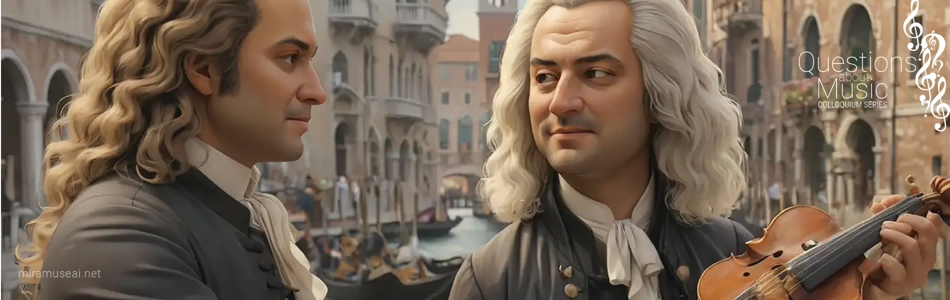 AI generated image depicting a fictional meeting between JS Bach and Antonio Vivaldi from miramuseai.net