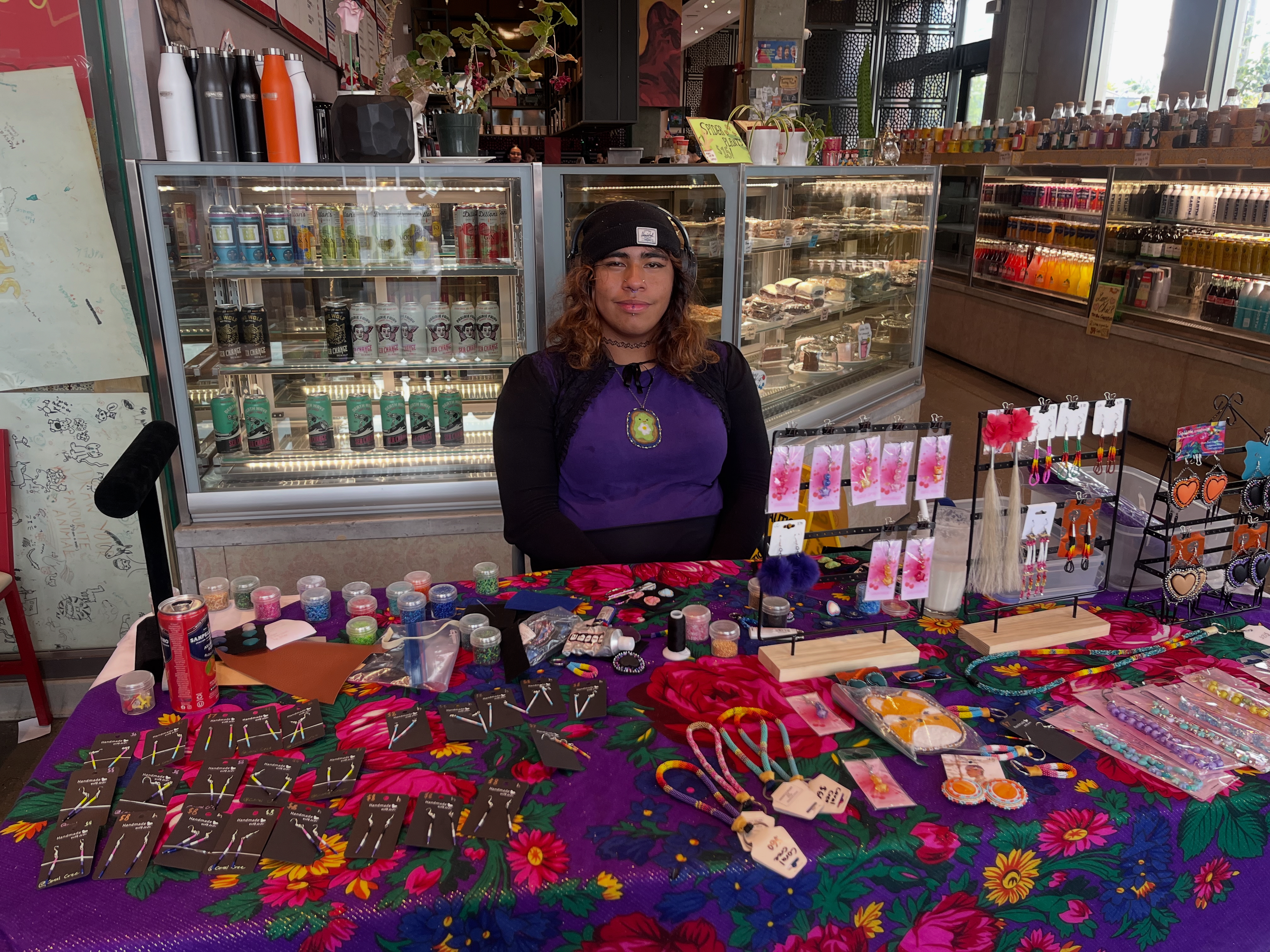Birdie Bull selling some of their beadwork, which is a way of expressing themselves, they said. 