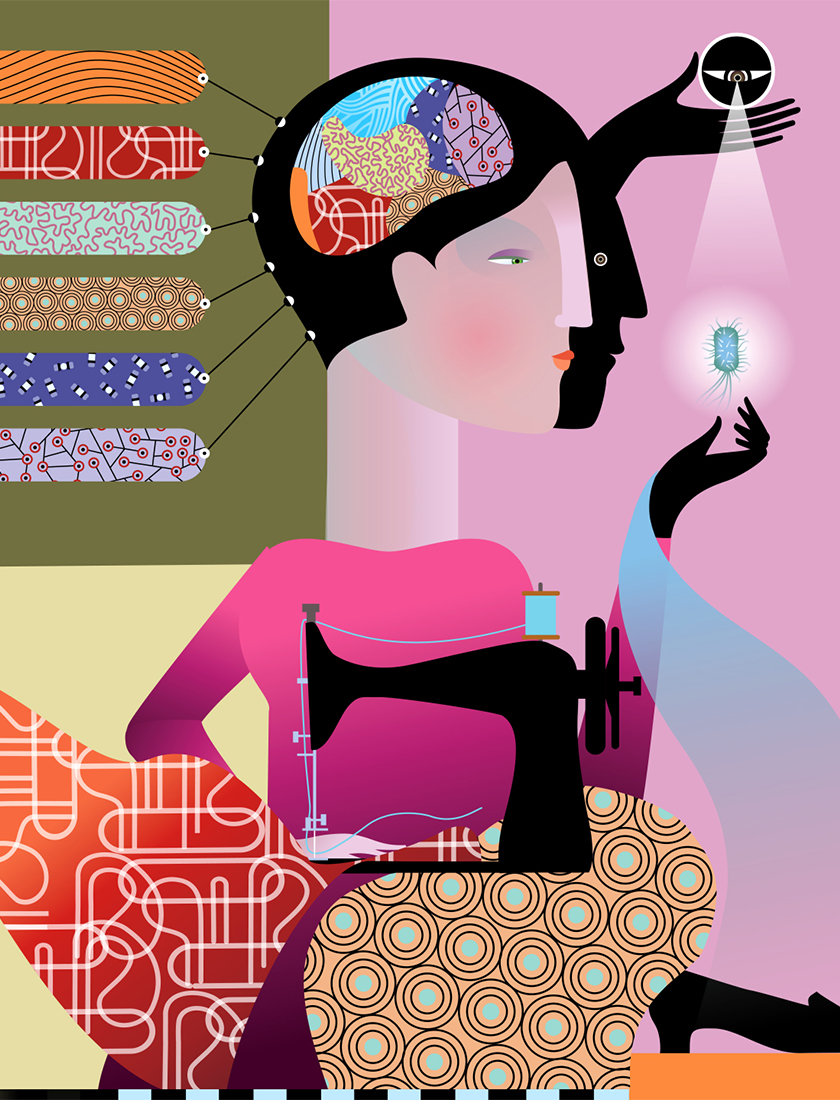 Conceptual illustration of a person at a sewing machine, sorting different patterns in her mind