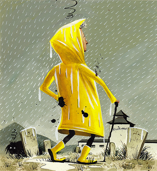 Illustration of the author in a yellow raincoat, standing in an Islay graveyard in the pouring rain.