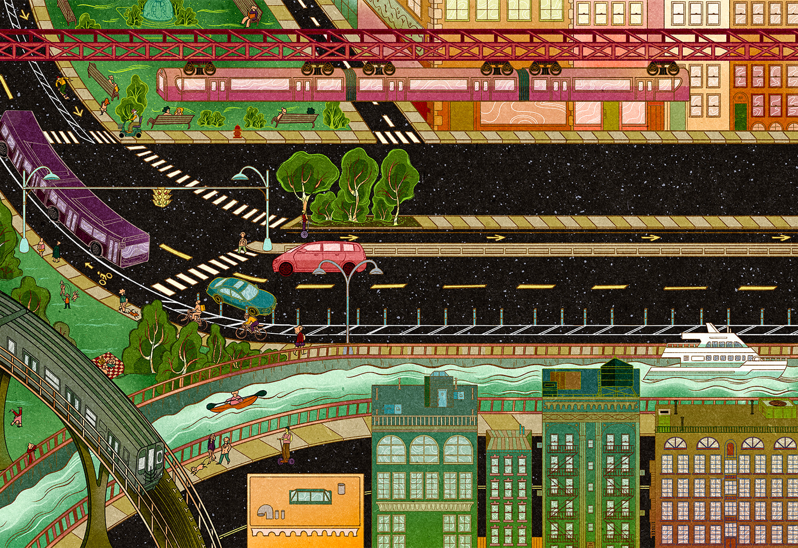illustration of a cityscape showing many different forms of transportation