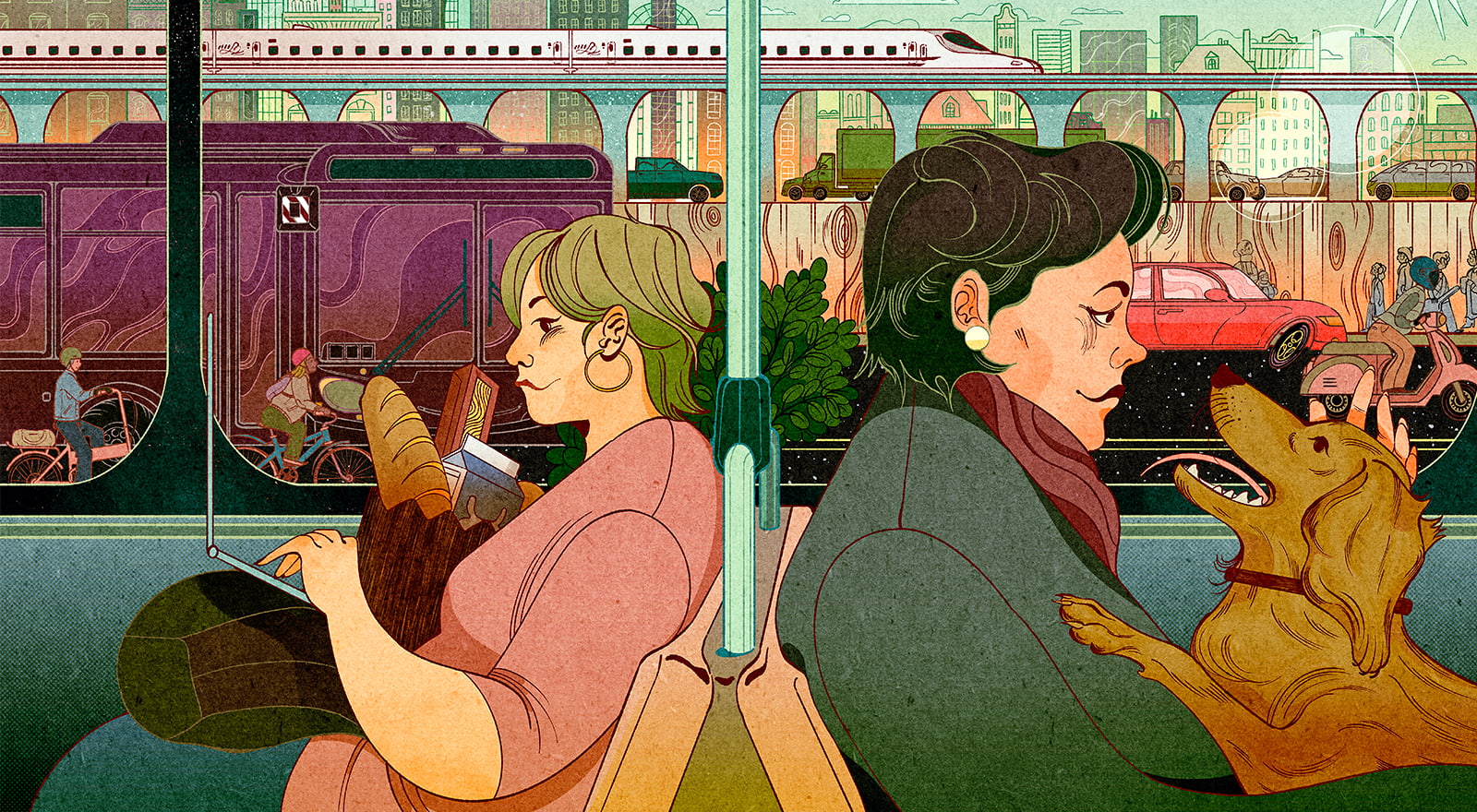 Illustration of a cityscape as seen from inside a commuter train
