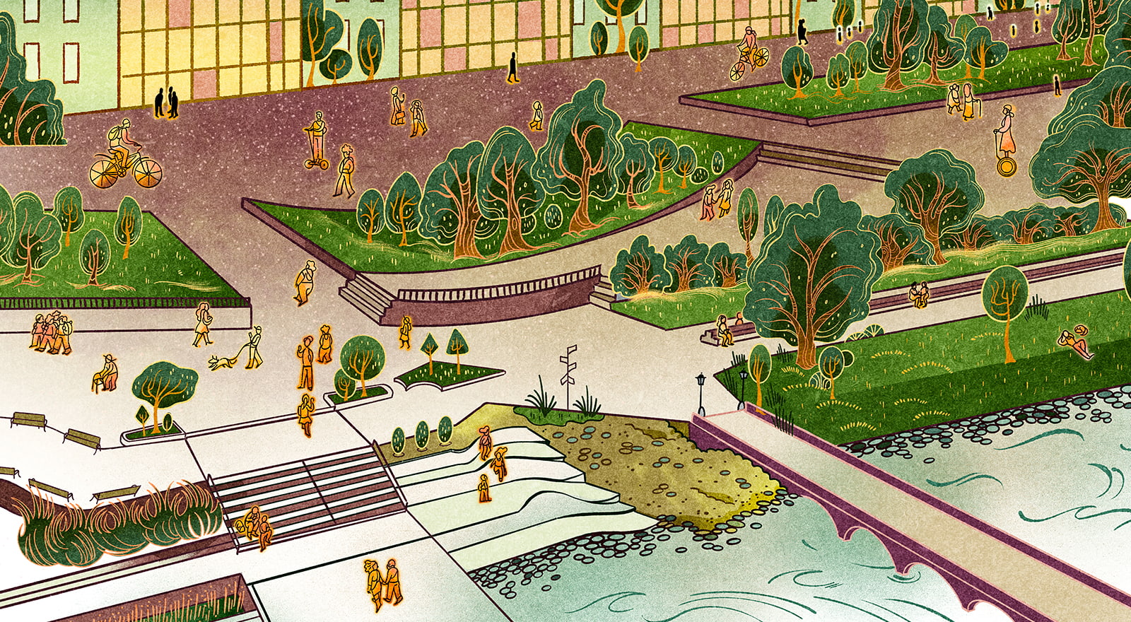 Illustration of a riverfront park filled with people on foot, bicycles and Segways, cityscape in the background