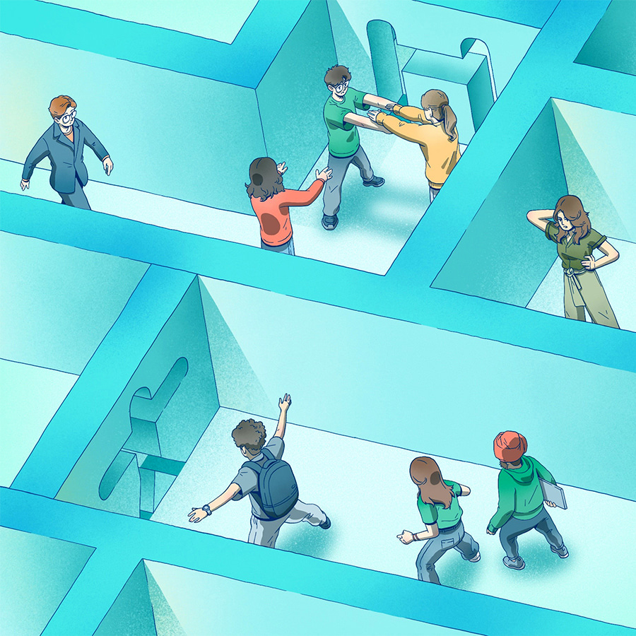 A bird’s-eye view illustration of people changing their stances to fit through gaps in a maze