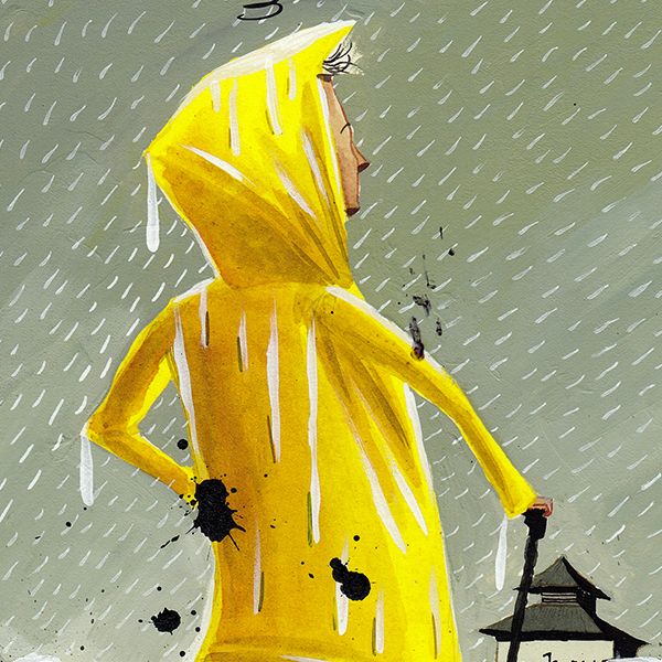 Illustration of the author in a yellow raincoat, standing in an Islay graveyard in the pouring rain.