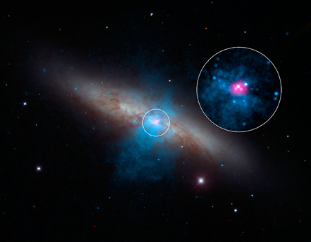 High-energy X-rays streaming from a rare and mighty pulsar (magenta), the brightest found to date. NASA/JPL-Caltech/SAO/NOAO High-energy X-rays streaming from a rare and mighty pulsar (magenta), the brightest found to date, can be seen in this new image combining multi-wavelength data from three telescopes. The bulk of a galaxy called Messier 82 (M82), or the "Cigar galaxy," is seen in visible-light data captured by the National Optical Astronomy Observatory's 2.1-meter telescope at Kitt Peak in Arizona. Starlight is white, and lanes of dust appear brown. Low-energy X-ray data from NASA's Chandra X-ray Observatory are colored blue, and higher-energy X-ray data from NuSTAR are pink. The magenta object is what's known as an ultraluminous X-ray source, or ULX -- a source of blazing X-rays. Previously, all ULXs were suspected to be massive black holes up to a few hundred times the mass of the sun. But NuSTAR spotted a pulsing of X-rays from this ULX (called M82 X-2) - a telltale sign of a pulsar, not a black hole. A pulsar is a type a neutron star -- a stellar core left over from a supernova explosion -- that sends out rotating beams of high-energy radiation. Scientists were surprised to find the pulsar at the root of the ULX because it shines with a luminosity that is more typical of heftier black holes. NuSTAR data covers the X-ray energy range of 10 to 40 kiloelectron volts (keV), and Chandra covers the range .1 to 10 keV. Image credit: NASA/JPL-Caltech/SAO/NOAO
