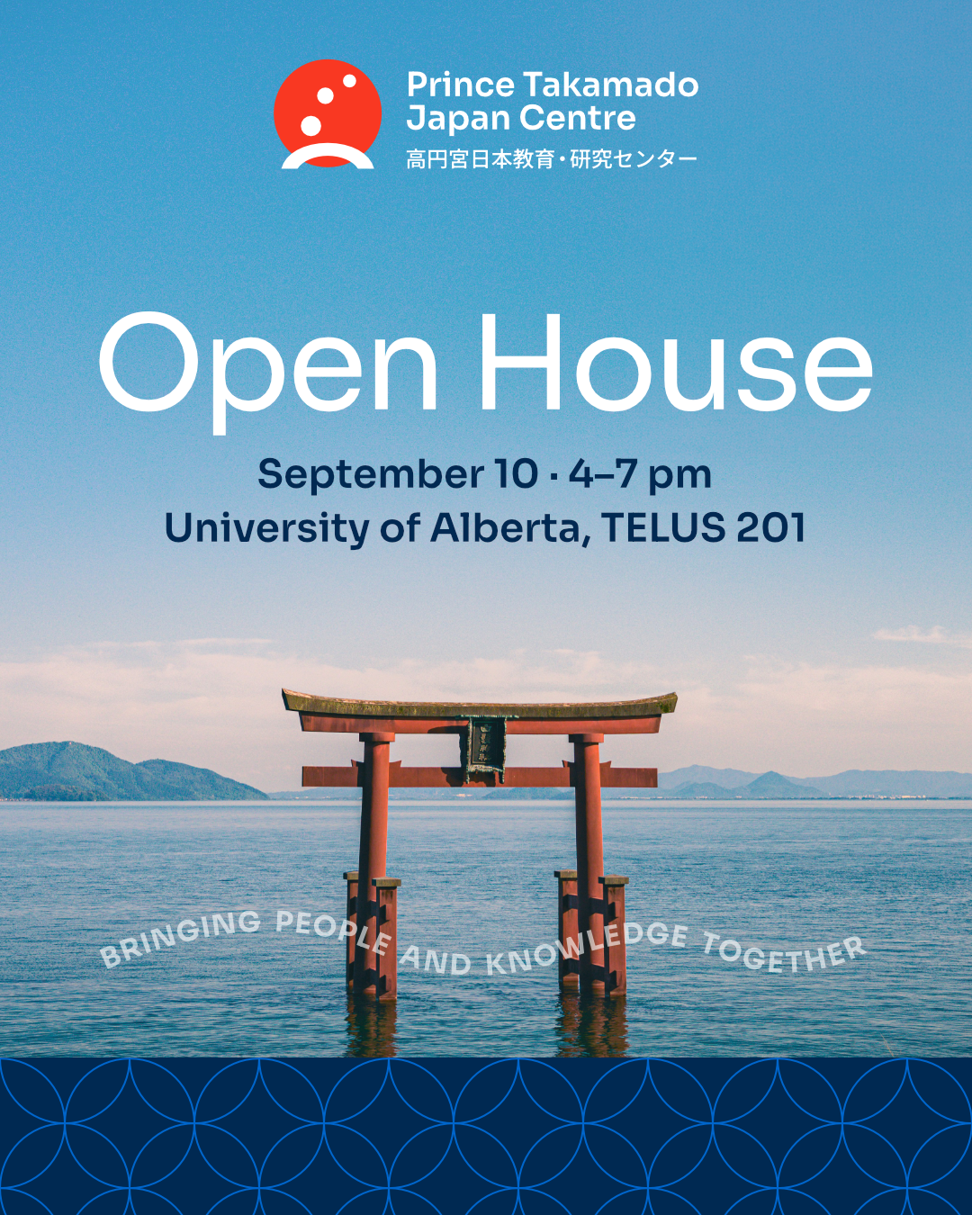 Promotional graphic with a blue sky and water, featuring a red torii gate surrounded by distant mountains. Large white “Open House” text sits above dark navy event details, with a Japanese-inspired logo at the top and a repeating blue geometric pattern along the bottom.