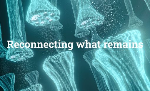 Digital illustration of nerve cells appearing to reconnect after separation, representing neural recovery, with the text “Reconnecting what remains.”