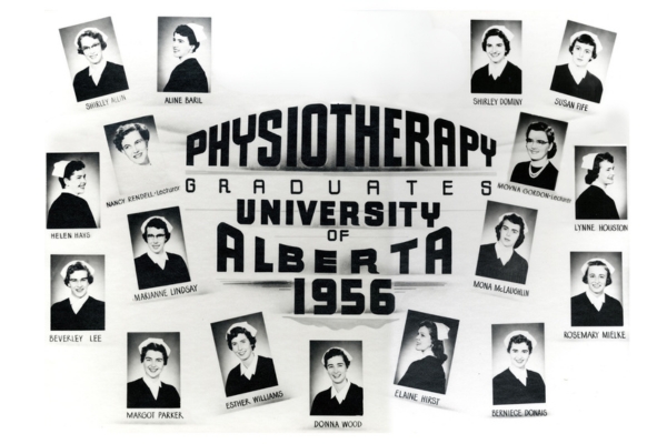 The University of Alberta's first physiotherapy graduating class, with 15 students and two lecturers, in 1956