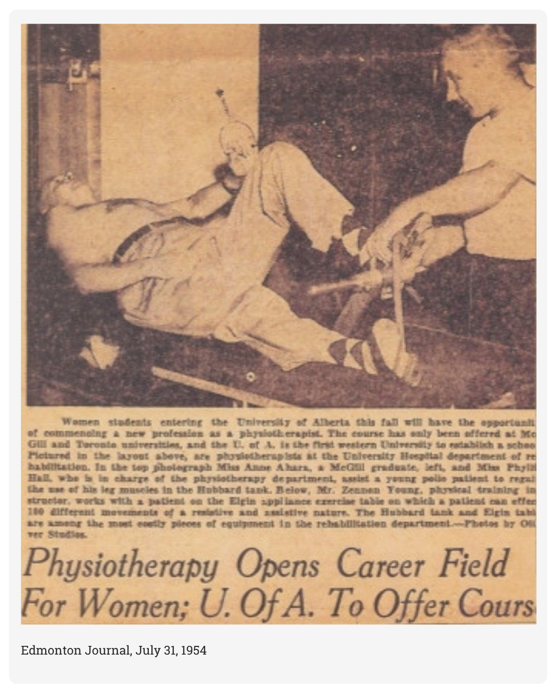 Historic newspaper announcement about the University of Alberta physiotherapy program, pictured with a person receiving rehabilitation
