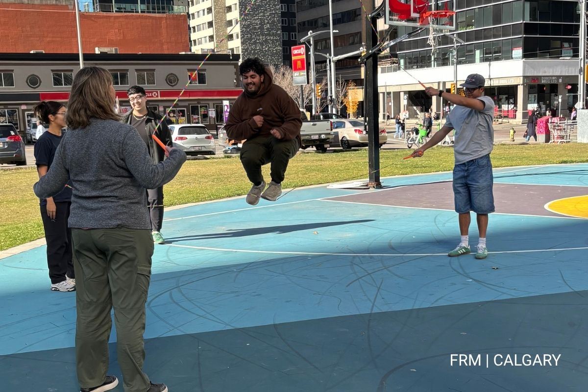 Students jumping rope in downtown Calgary